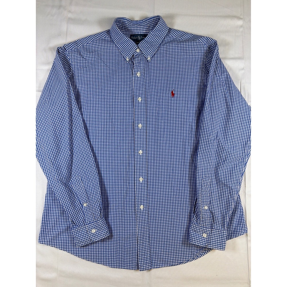 Ralph Lauren Mens XL Custom Fit Gingham Button Down Shirt Blue White Cotton